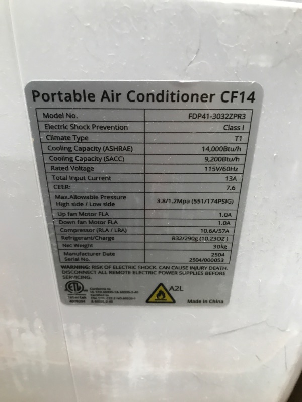 Photo 1 of 14,000 BTU Portable Air Conditioner – 4-in-1 Portable AC Unit with Cooling, Dehumidifier, Fan & Sleep Mode for Rooms Up to 750 Sq.Ft, Remote Control, LED Display, 24H Timer, White+Black-3032