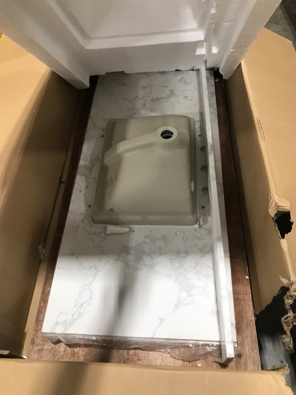 Photo 1 of LOCALAND 48x22 Inch Bathroom Vanity Tops, White Engineered Stone Vanity Top with Sink, with Middle Sink, Vanity Countertop 8 Inch Faucet 3 Hole Spread with Backsplash (Not included Faucet)