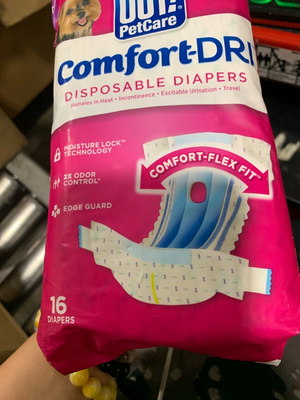 Photo 1 of OUT! Petcare Disposable Dog Diapers for Female Dogs, Dog Heat Diapers, Female Dog Period Pads, Female Doggy Diaper for Peeing, Pet Diapers for Small Pets,13”-18” Waist, XS/Small, 16 Count