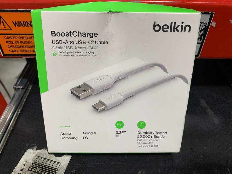 Photo 1 of Belkin BoostCharge USB-C to USB-A Cable (1M/3.3ft) for iPhone 16, iPhone 16 Pro, iPhone 15, Samsung Galaxy S25, S24, Note20, Pixel 9, iPad Pro, Nintendo Switch 2, Carplay and More - White