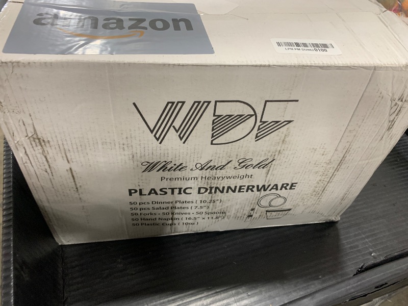 Photo 1 of WDF Partyware 350Piece Gold Dinnerware Set for 50 Guests - Gold Plastic Plates with Disposable Cutlery Include:50Dinner Plates-50Dessert Plates-50Pre Rolled Napkins with Silverware for Father's Day