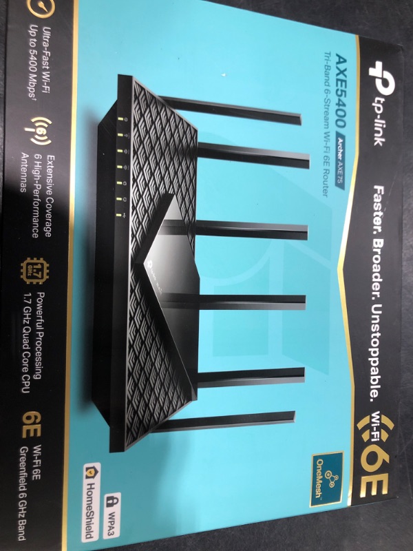 Photo 1 of TP-Link AXE5400 Tri-Band WiFi 6E Router (Archer AXE75)- Gigabit Wireless Internet Router, ax Router for Gaming, VPN Router, OneMesh, WPA3, Black