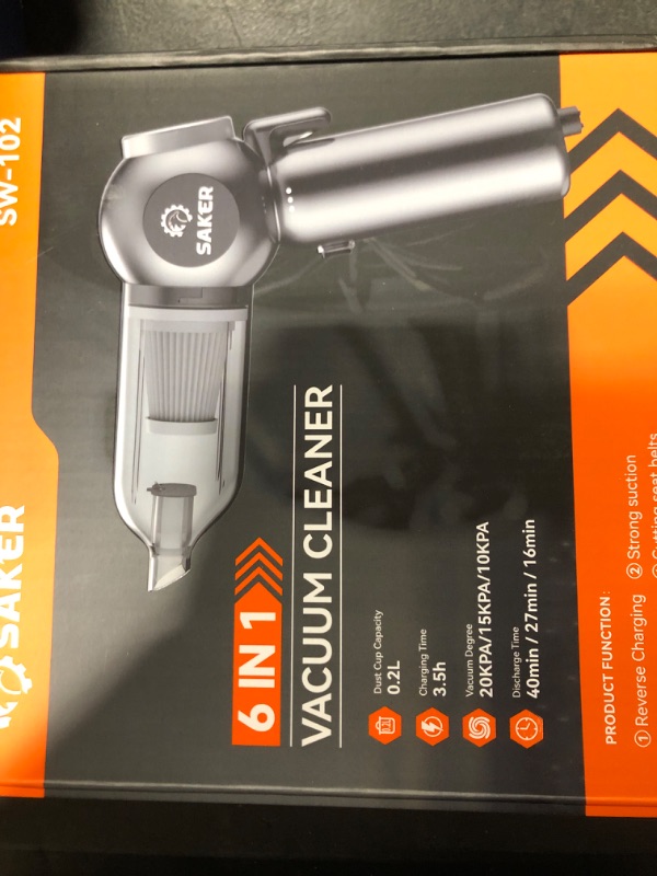 Photo 1 of Saker Portable Car Vacuum Cordless 20000Pa 6 in 1 Multifunctional Adjustable Small Handheld Vacuum 7800mAH with Brushless Motor, for Car Home and Office SW-102