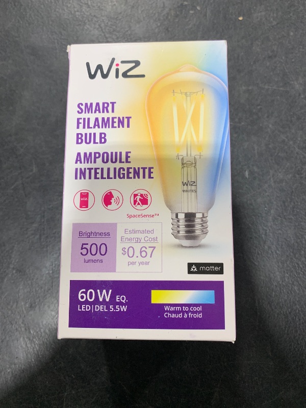 Photo 1 of WiZ Connected 60W ST19 Tunable White Filament LED Smart Light Bulbs - Connects to Your Wi-Fi - E26 Smart Bulb - Control with Voice or App + Activate with Motion - Matter Compatible - 1 Pack