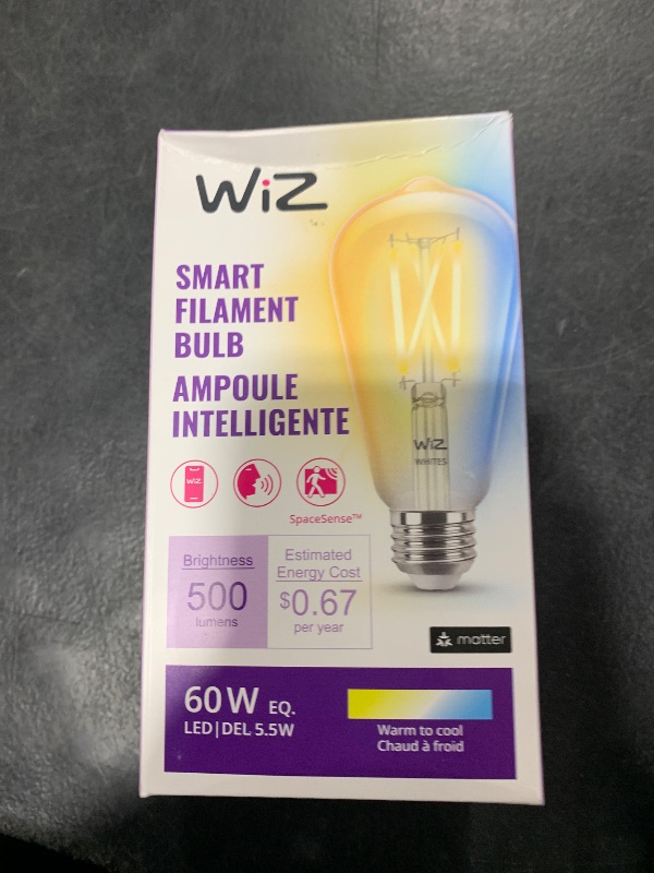 Photo 1 of WiZ Connected 60W ST19 Tunable White Filament LED Smart Light Bulbs - Connects to Your Wi-Fi - E26 Smart Bulb - Control with Voice or App + Activate with Motion - Matter Compatible - 1 Pack