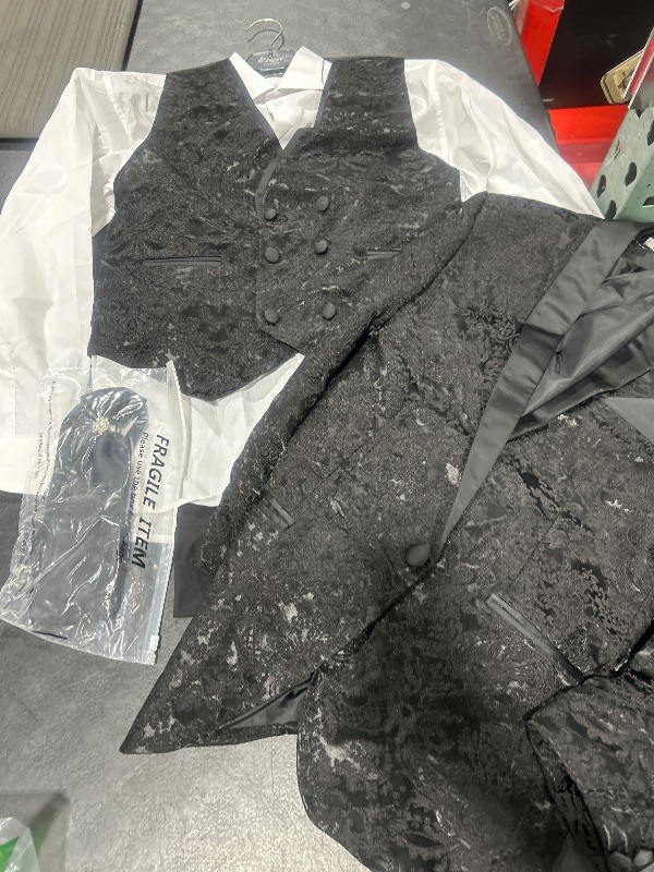 Photo 1 of Boys Floral Paisley Tuxedo Dinner Black Suit, 5 Piece Set for Pageboy Weddings & All Special Occasions, Age 13 Years US