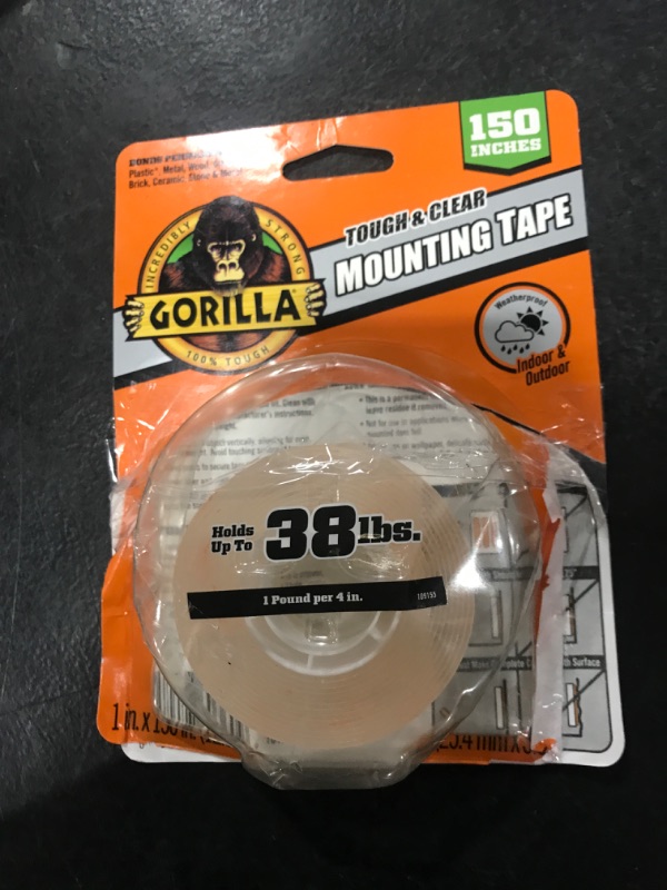 Photo 1 of Gorilla Tough & Clear Double Sided Mounting Tape, Clear Tape, 1" x 150" (Pack of 1) - Weatherproof for Indoor or Outdoor