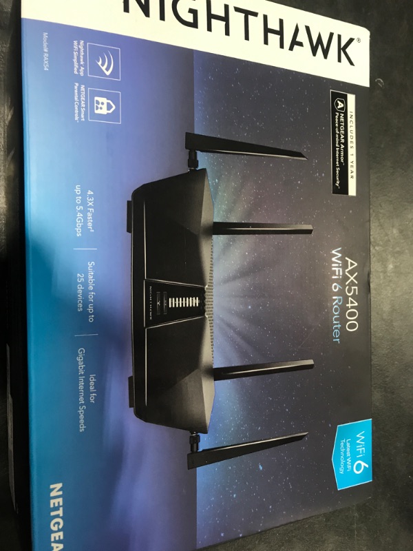 Photo 1 of NETGEAR Nighthawk 6-Stream Dual-Band WiFi 6 Router (RAX54S) – Security Features, AX5400 Wireless Speed, Up to 5.4 Gbps, Covers up to 2,500 sq. ft., 25 Devices - 1-Year Armor Subscription Included