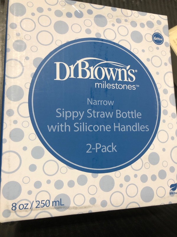 Photo 1 of Dr. Brown's Milestones Narrow Sippy Straw Bottle, Spill-Proof with 100% Silicone Handles and Weighted Straw, 8 oz/250 mL, Gray & Blue, 6m+