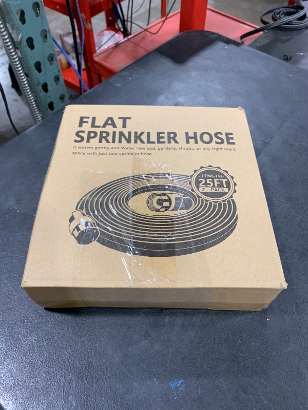 Photo 1 of Apgooface Sprinkler Hose with Holes, Flat Soaker Hose 50 ft (25 ft 2pack) with Garden Staples and Splitters, PVC Drip Line Irrigation Hoses for Lawn,Garden Beds Watering Hose System(50 ft), Black