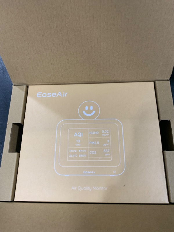 Photo 1 of EaseAir Air Quality Monitor Indoor, Portable Tester for CO2, CO, PM2.5, PM10, HCHO, TVOC, Temp & Humi, E-Ink Display with 3-Color Emoji Indicators, WiFi App Control, Air Quality Meter for Home/Office