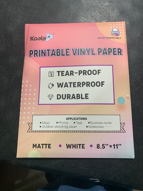 Photo 1 of KOALA PAPER Printable Waterproof Paper for Inkjet Printer, 8.5x11 In 30 Sheets Matte White Vinyl Printer Paper, Non-Tearable, Durable, Quick Drying