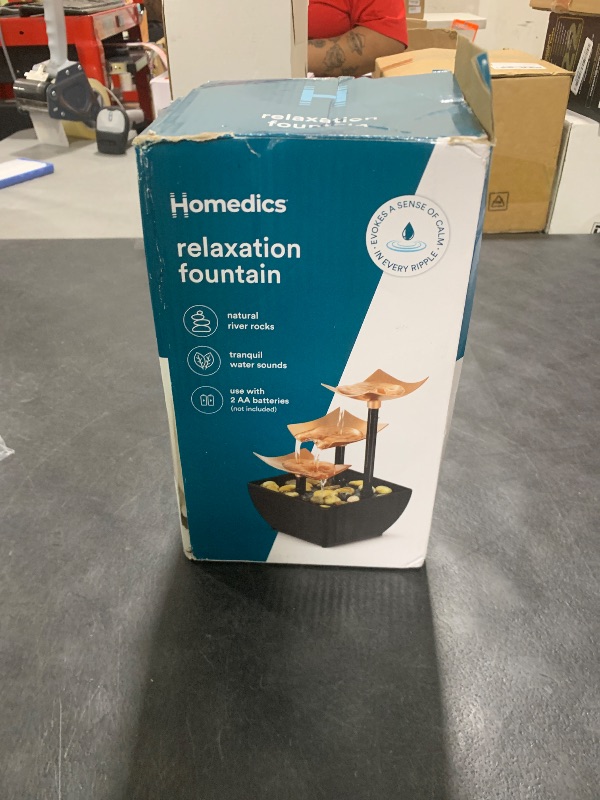 Photo 1 of Homedics Golden Dew Relaxation Tabletop Water Fountain with 3 Tiers, Natural River Rocks, and a Quiet Pump for Soothing Zen Ambiance in Your Home or for Office Décor, Powered by 2 AA Batteries