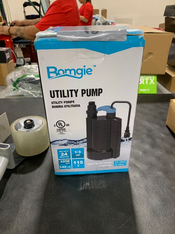 Photo 1 of BOMGIE 1/3 HP Automatic Water Pump, 2250GPH Submersible Utility Pump with 3/4” Garden Hose Check Valve Adapter Portable Electric Sump Pump Removal for Pool Draining Basement Hot Tubs Garden UTL-336PE