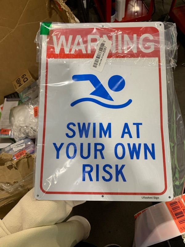 Photo 1 of Warning Swim at Your Own Risk Pool Sign, Metal Pool signs for Outdoor, 10X14 in