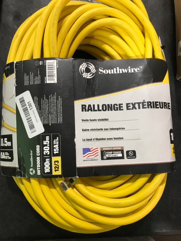 Photo 1 of Southwire Outdoor Extension Cord, 100 Ft, 12 gauge 3 prong, Heavy Duty, SJTW Cord, Yellow, 2589