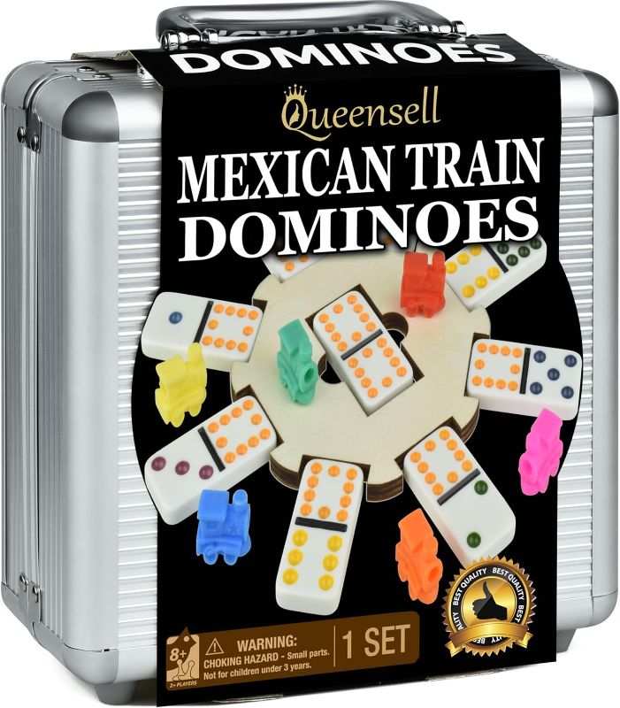 Photo 1 of Queensell Mexican Train Dominoes Set with Wooden Hub, Domino Tile Board Games - Double 12 Dominos Set for Family Game Night for Adults and Kids Ages 8 and up (Double 12)
