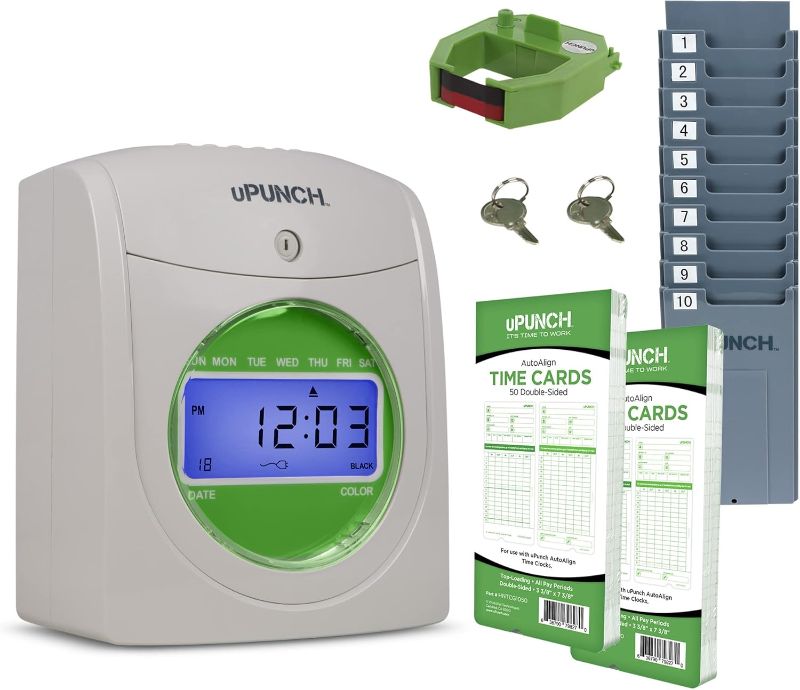 Photo 1 of Starter Time Clock Bundle for Small Business: Employee Punch Clock System with 100 Time Cards, Card Rack, and Ribbon