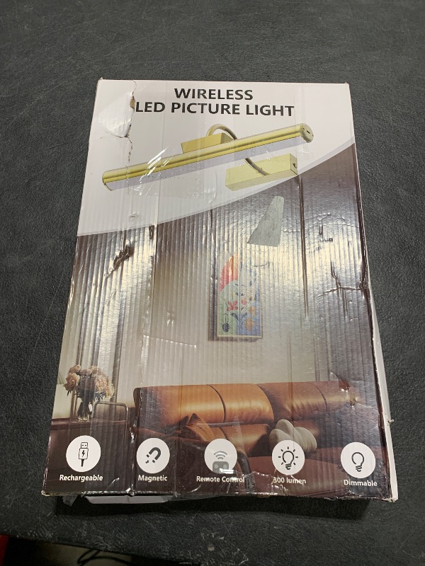 Photo 1 of Picture Light Battery Operated, 13in Wireless Art Light for Paintings, Dimmable 5000mAh Recharging Battery Picture Light with Remote Control for Wall, Gallery Dartboard Art Bedroom (Gold-2Pack)