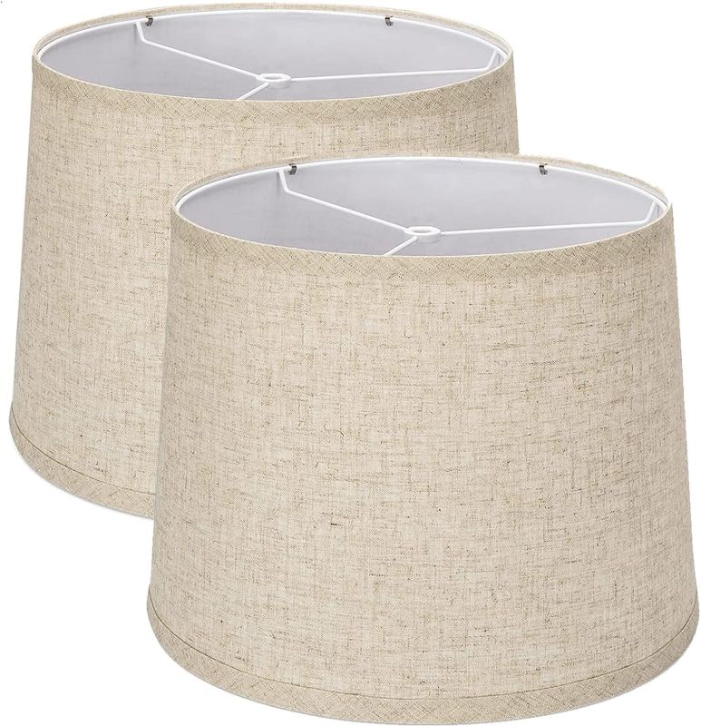 Photo 1 of Lamp Shades Set of 2, Medium Lampshades 11.6" Top x 12.6" Bottom x 9.8" High, Drum Lampshades (Spider Fitter), Natural Beige Linen Lampshades Hand Crafted Shades Replacement for Table Lamp, Floor Lamp