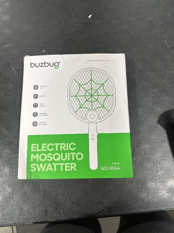 Photo 1 of Buzbug Electric Fly Swatter, Type-C Rechargeable Mosquito Swatter, Foldable, Dual Handheld and Auto Zap Mode, 3800V Powerful Instant Bug Zapper Racket, Mosquito Bat for Indoor Outdoor Camping -WD956A
