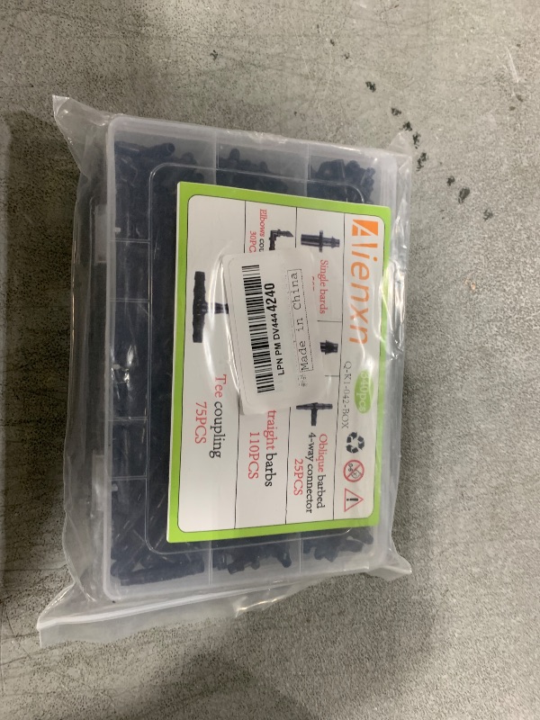 Photo 1 of Aienxn 340PCS 1/4" Drip Irrigation Kit Barbed Connectors, Straight Barb, Tee, Single Barb, End Plug, Elbow, 4 Way Coupling Irrigation Fittings for Garden Lawn Flower Pot