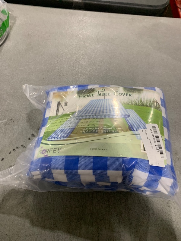 Photo 1 of Sorfey Picnic Table Cover with Bench Covers -Fitted with Elastic, Vinyl with Flannel Back, Fits for Table 28"x 72" Rectangle,Water Proof, Checked Blue Design