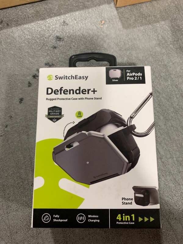 Photo 1 of SwitchEasy Defender+ AirPods Pro Locking Case 2nd Generation & 1st Generation - Wireless Charging Case with Phone Stand, Shockproof Protection for Apple AirPods, AirPod Pro Case with Lock - Silver