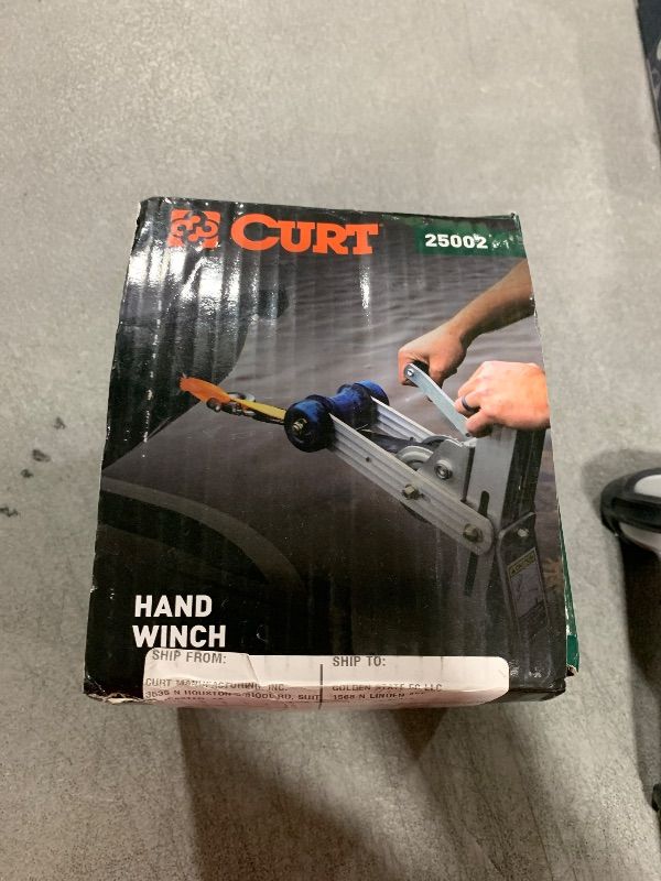 Photo 1 of CURT 25002 Manual Hand Crank Jet Ski Trailer Winch with Bow Loop, 900 lbs Capacity, 6.5-in Handle, 3.25:1 Gear Ratio, 15' Strap