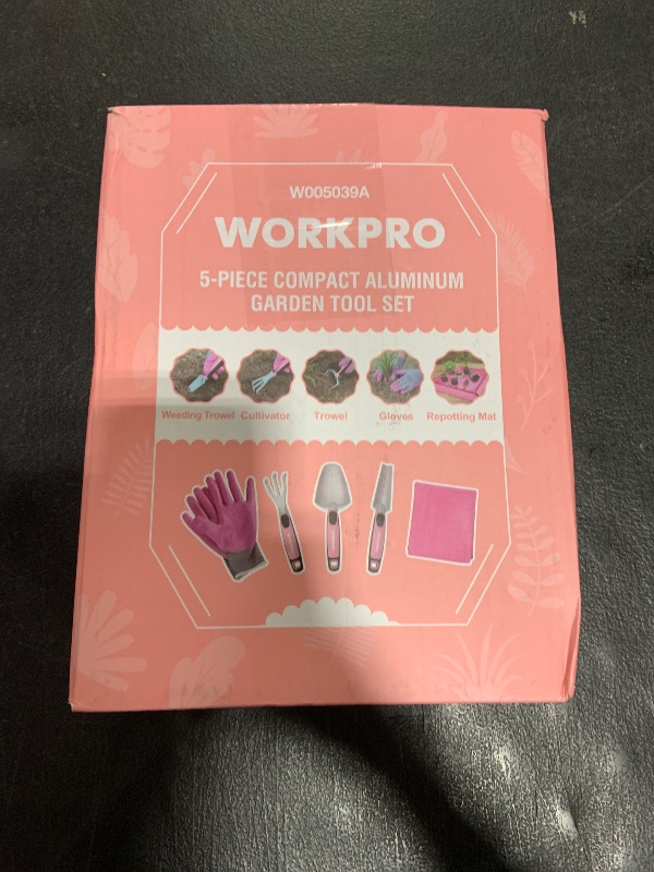 Photo 1 of WORKPRO 5PCS Garden Tool Set, Powder Coating Compact Aluminum Gardening Tool Set with Repotting Mat, Outdoor Garden Hand Tools, Ideal Gardening Gift, Pink