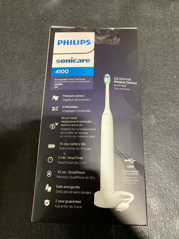 Photo 1 of Philips Sonicare 4100 Rechargeable Electric Toothbrush, with Pressure Sensor, 2 Intensity Settings, SmarTimer and QuadPacer, 14-Day Battery Life, White, Model HX3681/23