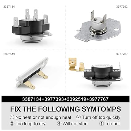 Photo 1 of 3977393 & 3392519 Dryer Thermal Fuse & 3977767 Dryer High Limit Thermostat & 3387134 Dryer Cycling Thermostat - Compatible with Whirlpool Kenmore
