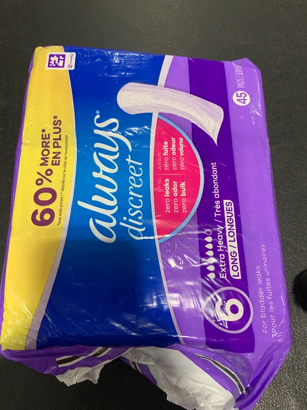 Photo 1 of Always Discreet Adult Incontinence Pads for Women, Extra Heavy Absorbency, Long Length, Postpartum Pads, 45 Count (Packaging May Vary)