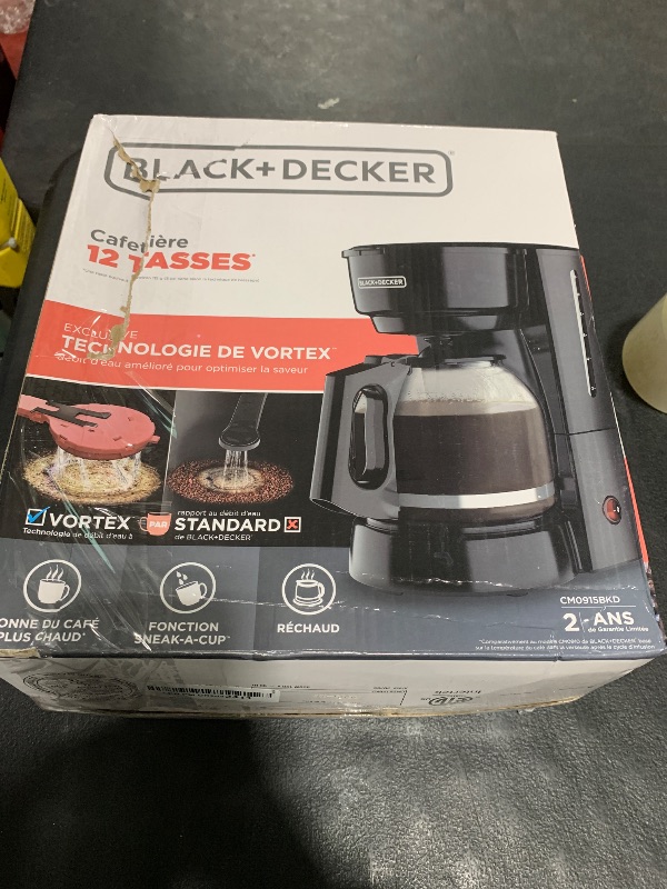 Photo 1 of BLACK+DECKER 12-Cup Coffee Maker with Easy On/Off Switch, Easy Pour, Non-Drip Carafe with Removable Filter Basket, Vortex Technology, black
