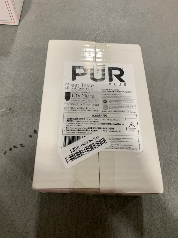 Photo 1 of PUR PLUS Vertical Faucet Mount Water Filtration System, Lead-Reducing Filter, Great-Tasting Water, Easy Install, Lasts 100 Gallons, Compatible with Sinks with External Aerators, Grey