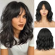 Photo 1 of Short Curly Wavy Bob Wig with Curtain Bangs Black Curly Bob Wigs with Bangs for Women Synthetic Wavy Natural Hair Shoulder Length for Women 1B#
