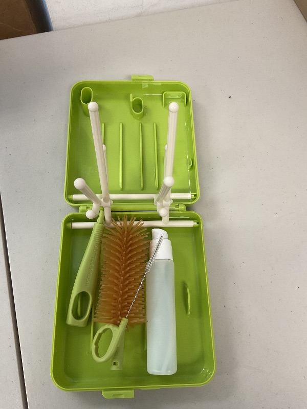 Photo 1 of Baby Bottle Brush Set – 6-in-1 Travel & Home Bottle Cleaning Kit with Silicone Bottle Brush, Nipple & Straw Brush, Soap Dispenser, Foldable Drying Rack & Storage Case, BPA Free (Green)