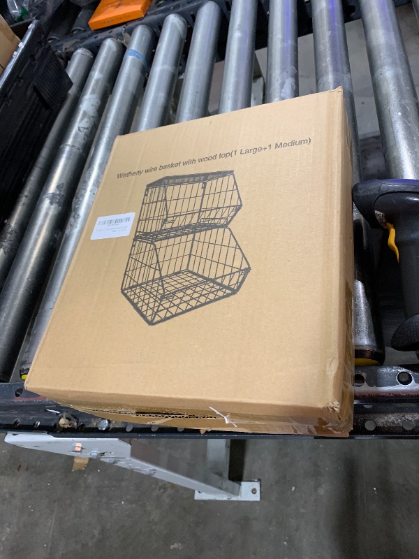 Photo 1 of Wetheny 2 Tier Stackable Wall Mounted Wire Basket Fruit Basket with Wood Lid - Kitchen Pantry Organization and Storage, Hanging Storage Basket for fruits, Onion, Potato, Produce, Vegetable (White)