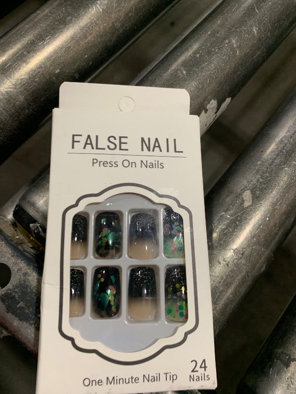 Photo 1 of ANDGING Ombre Black Press on Nails Square Short Medium Fake Nails with Glitter Green Design Coffin Glue on Nails Acrylic Gel Stick on Nails for Wedding Birthday False Nails for Women Girls 24 Pcs KL1