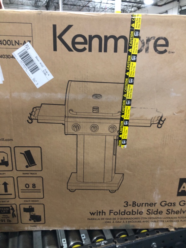 Photo 1 of Kenmore 3-Burner Propane BBQ Grill, 30,000 BTUs Gas Grill with Cast Iron Cooking Grates, Folding Side Tables & Wheels, Outdoor Grill with Tool Hooks, Azure Blue