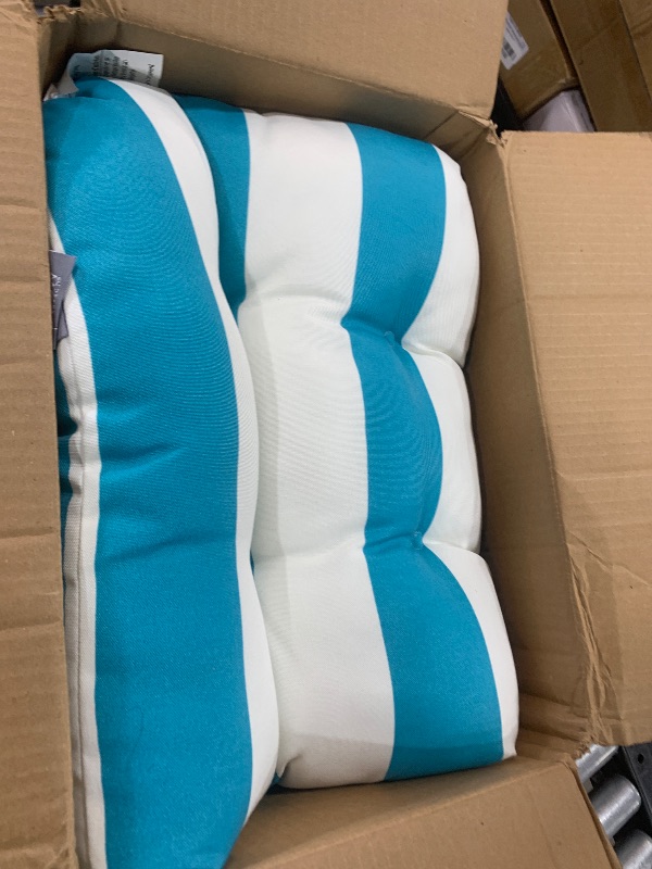 Photo 1 of Pillow Perfect Stripe Indoor/Outdoor Chair Seat Cushion, Tufted, Weather, and Fade Resistant, 19" x 19", Blue/White Cabana Stripe, 2 Count
