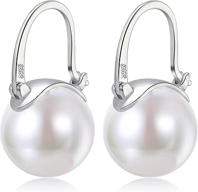 Photo 1 of Elegant 925 Sterling Silver Pearl Drop Earrings for Women, 14K Gold Plated Dangle Stud Earrings, Hypoallergenic Large Pearl Hoop Earring dangling 12mm