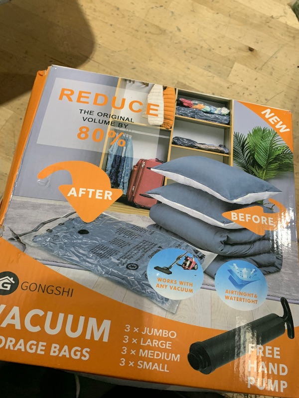 Photo 1 of 12 Pack Vacuum Storage Bags (3 x Jumbo, 3 x Large, 3 x Medium, 3 x Small), Space Saver Sealer Compression Bags with Travel Hand Pump for Blankets, Comforters, Pillows, Clothes Storage
