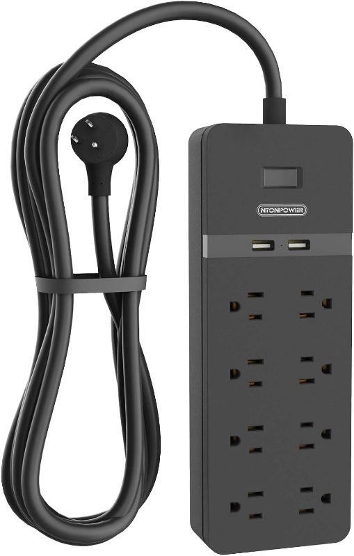 Photo 1 of 25 ft Extension Cord Flat Plug, NTONPOWER 8 Outlet Surge Protector Power Strip with USB Ports, 15A Circuit Breaker, Wall Mount Surge Protector for Home, Office, Workbench or Garage, ETL Listed, Black
