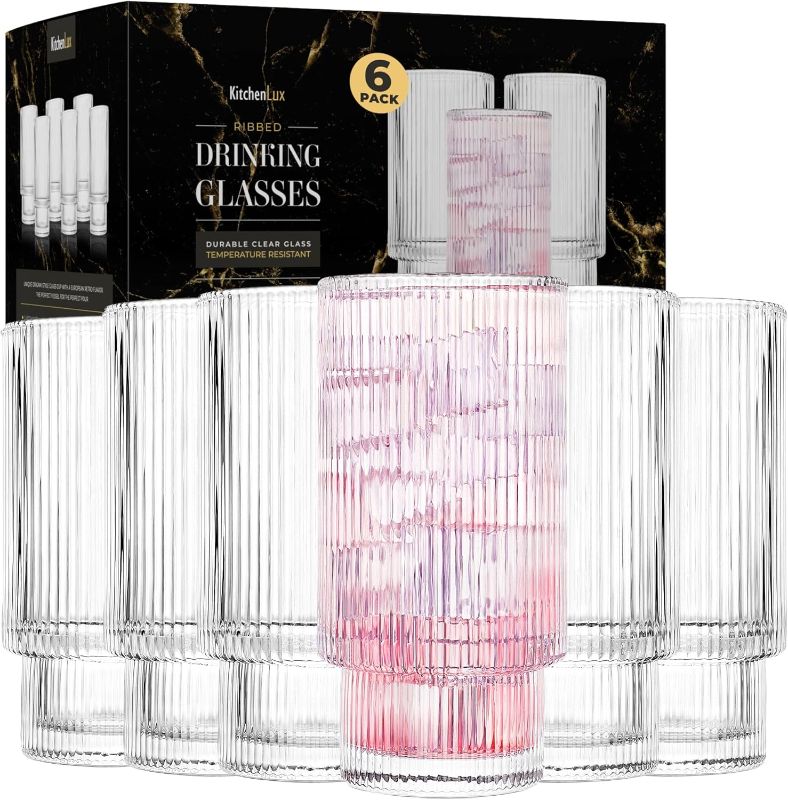 Photo 1 of Ribbed Drinking Glasses - Ribbed Glass Cups 12 oz - Ribbed Glassware Set of 6