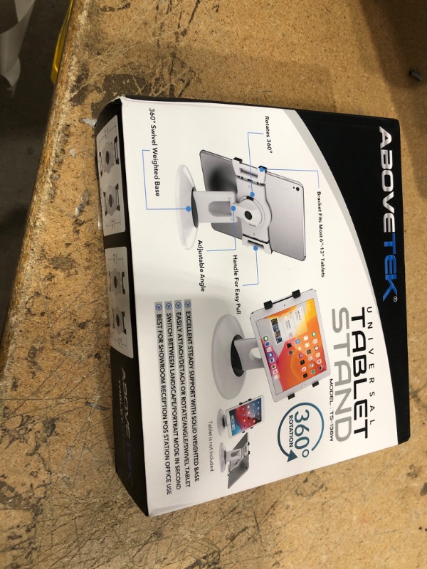 Photo 1 of AboveTEK Retail Kiosk iPad Stand, 360° Rotating Commercial POS Tablet Stand, Fits 6"-13" (Screens) iPad Mini Pro-Business Swivel Tablet Holder, for Store Office Reception Kitchen Desktop (White)