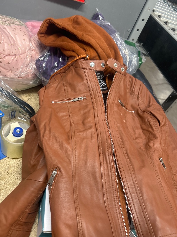 Photo 1 of (BAGGED) (DAMAGED) Decrum Womens Real Leather Jacket Hooded - Leather Jacket Women With Hood | [1309203] Helen Brown, M