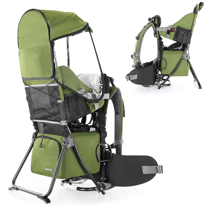 Photo 1 of besrey Baby Backpack Carrier, Toddler Hiking Backpack with Safety 3-Height Seat, Adjustable Straps&Waist Belt, Foldable Frame Lightweight Large Capacity Child Carrier for Hiking (Army Green)