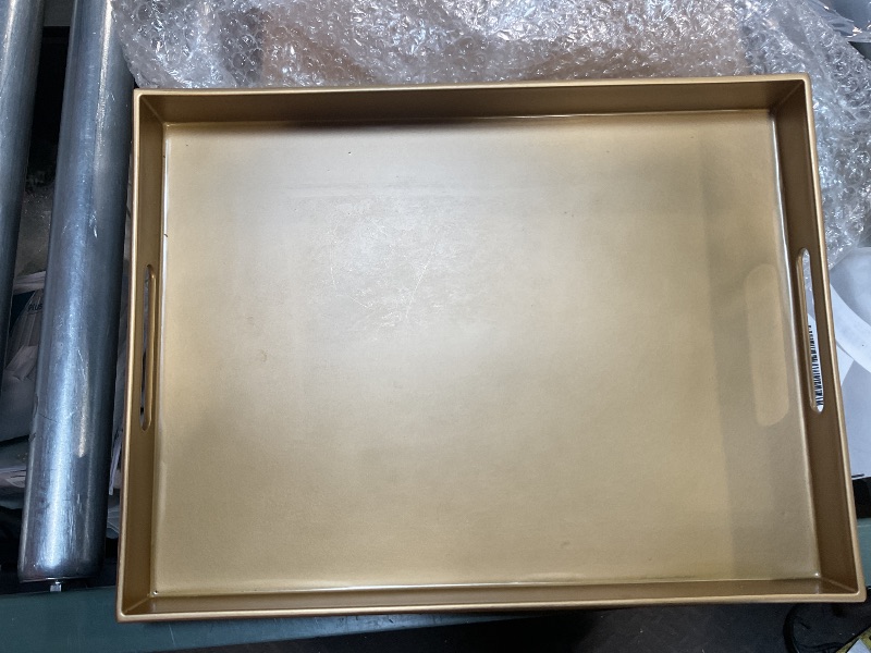 Photo 1 of SforGUVA Gold Serving Tray for Coffee Table, Rectangular Plastic Decorative Tray with Handles for Entertaining, Outdoor Patio, Living Room, Ottoman, Bathroom Counter, 11.8”*15.7”*1.6”