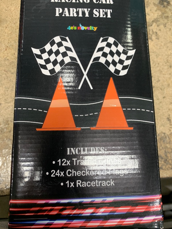 Photo 1 of 4E's Novelty 38 Pieces Set - 12 Traffic Cones With Hole on Top, 24 Checkered Flags, Racetrack Floor Runner - for For Race Car Birthday Party Supplies, Table Centerpiece Decorations Kids Gift